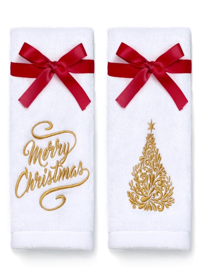 NEWLIGHTURE Christmas Hand Towels 2 Pack 100% Cotton Golden Christmas Tree Embroidery Towels for Bathroom & Kitchen Decor, Holiday Hand Towels with Detachable Red Bow for Christmas Decor - Image 1